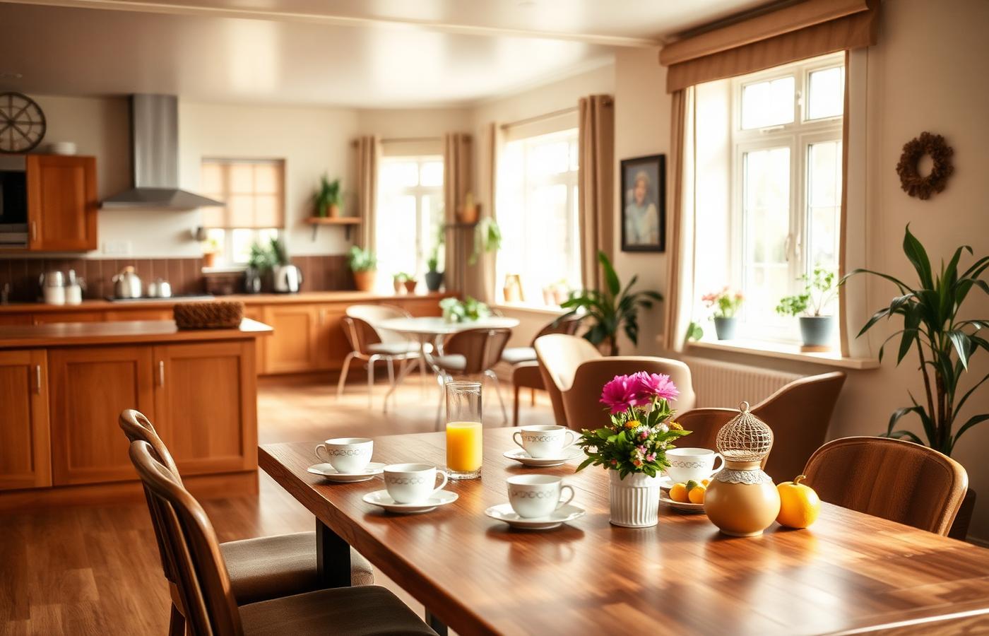 Warm communal kitchen and dining area with fresh flowers and natural light
