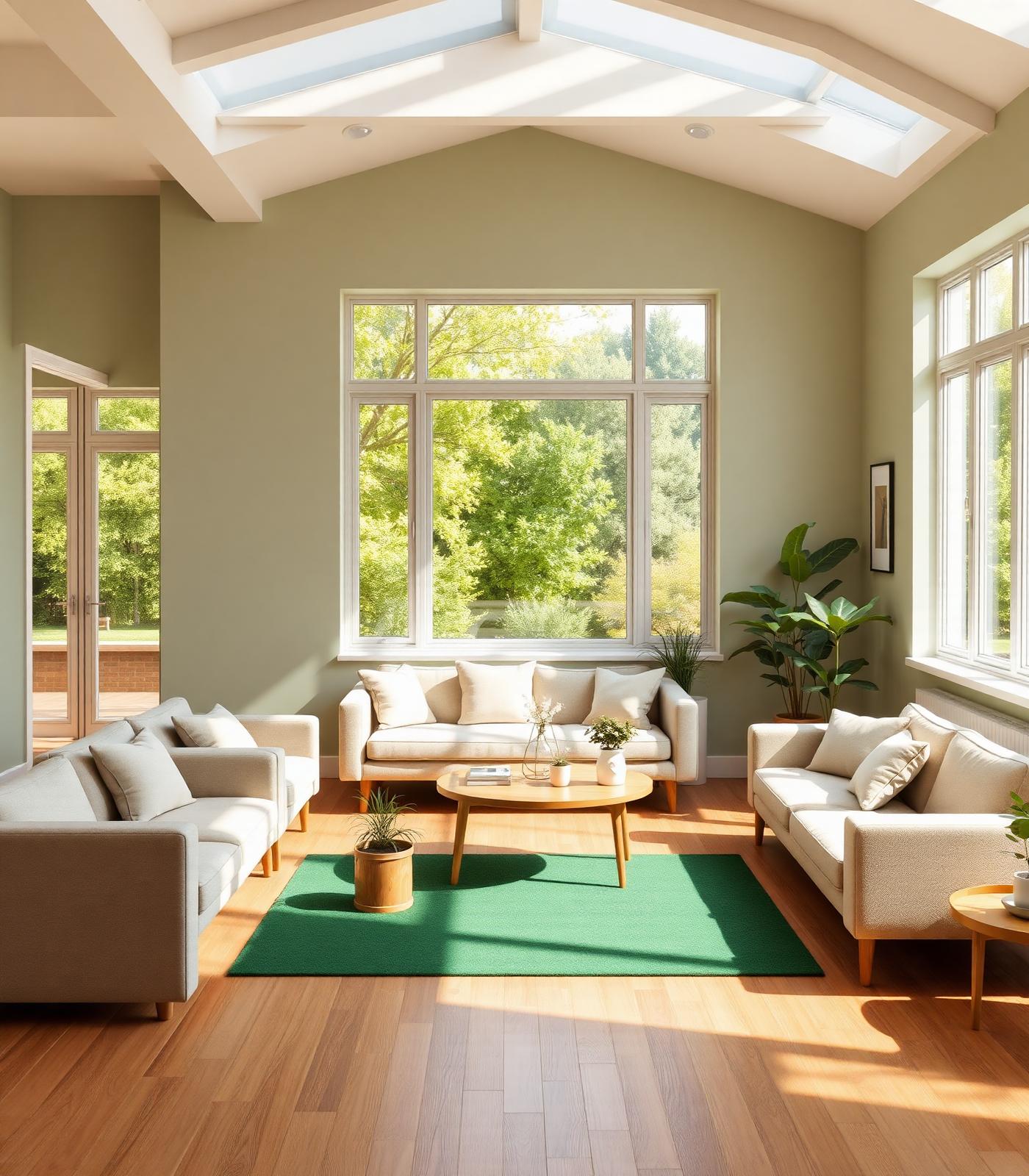 Sunlit communal living room at Oakwood Recovery Accomodation, with plants and a garden view